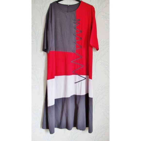Dresses & Skirts - Red Grey White Dress Lagenlook Tunic Style Top Stitched Zig Zag Detail 18 / 20